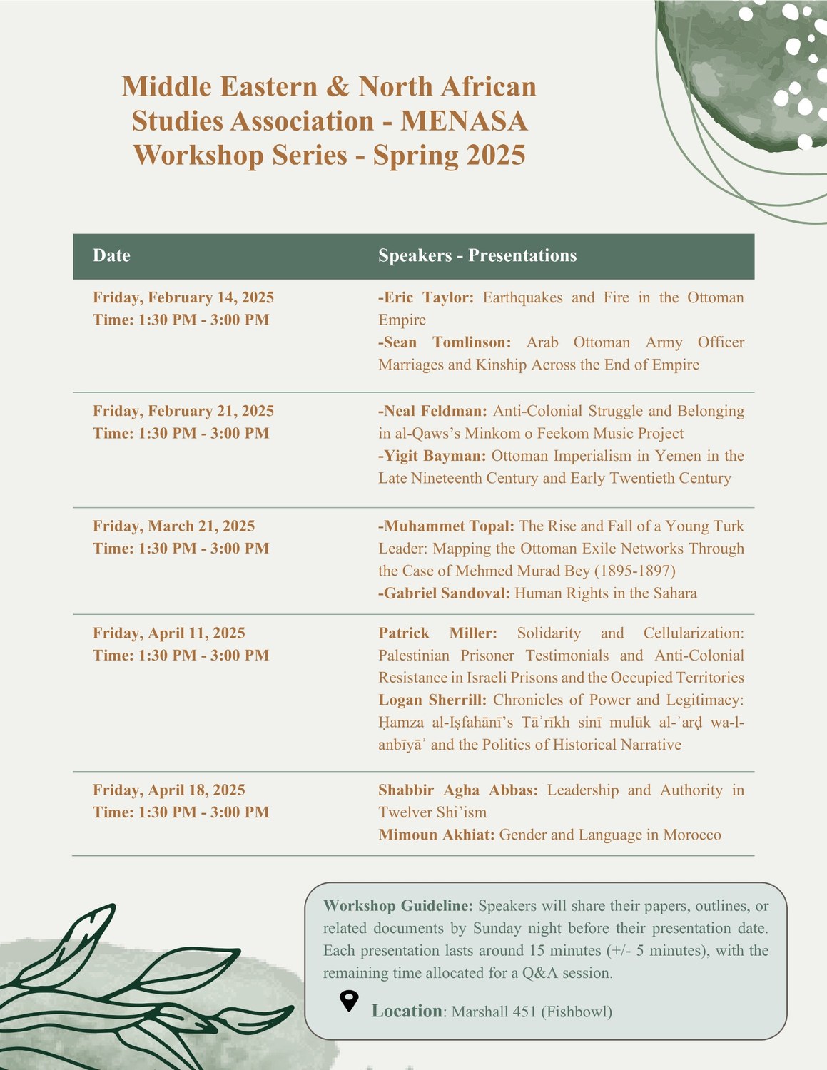 MENASA Workshop Series Spring 2025 flyer