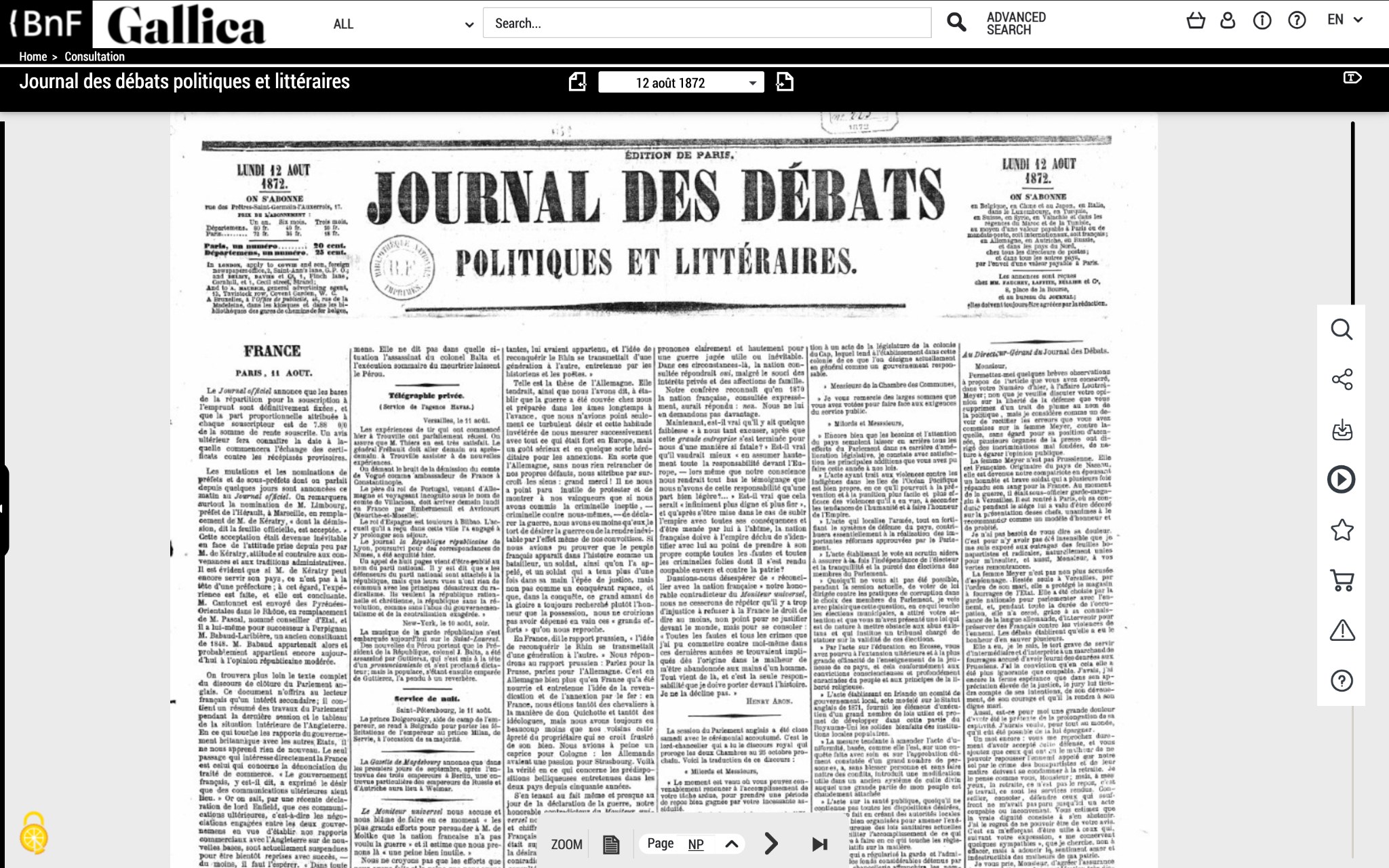 Gallica digital viewer showing Journal des débats politiques et littéraires