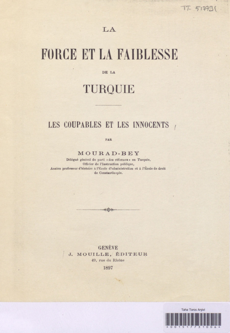 Title page of La Force et la Faiblesse de la Turquie