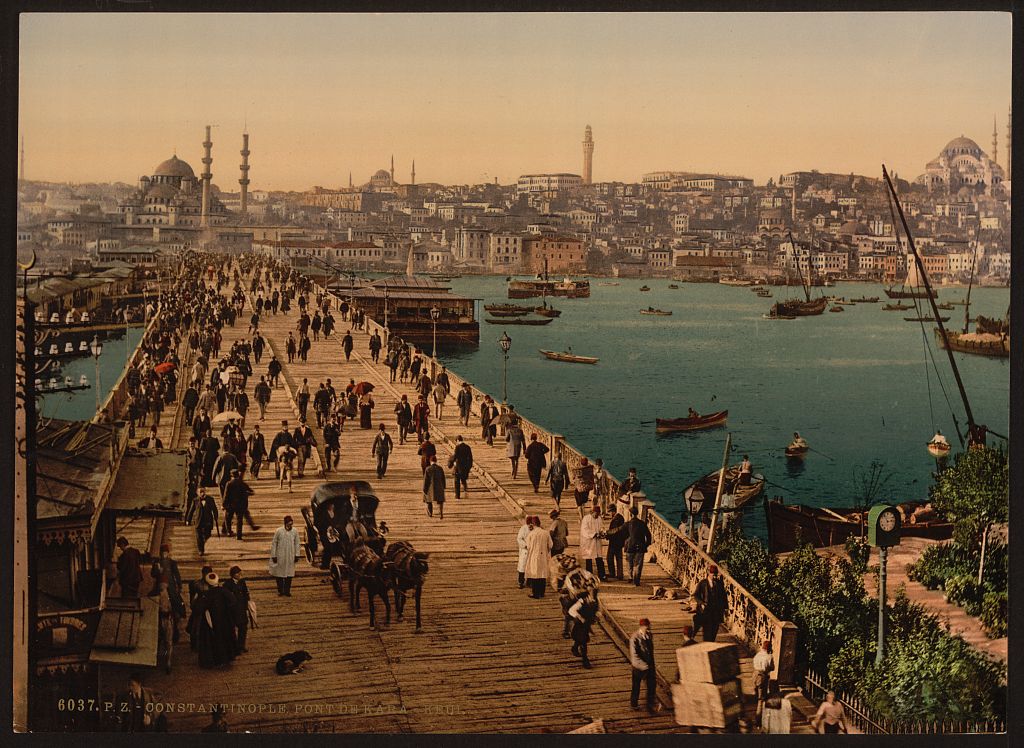 Panoramic view of late Ottoman Istanbul from Galata Bridge